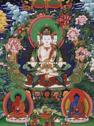 沃唐卡·觉蝉印坊微喷唐卡编号ZC71132:四面大日如来三世佛花轮天伞盖吉祥平安如意供养图