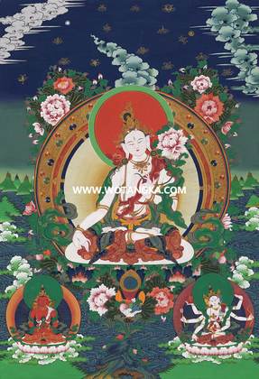 沃唐卡·觉蝉印坊微喷唐卡编号ZC71137:白度母长寿三尊智慧莲开吉祥长寿如意供养图