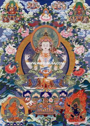 沃唐卡·觉蝉印坊微喷唐卡编号ZC71142:四臂观音雪域三怙主天界二净土平安智慧供养图
