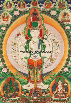 沃唐卡·觉蝉印坊微喷唐卡编号ZC71156:千手观音二度母天界诸上师吉祥本尊供养图