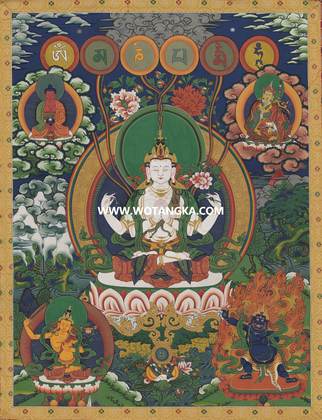 沃唐卡·觉蝉印坊微喷唐卡编号ZC71158:四臂观音三怙主六字大明咒化现吉祥二上师供养图
