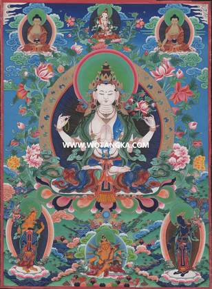沃唐卡·觉蝉印坊微喷唐卡编号ZC71159:四臂观音三怙主天界三佛吉祥财富供养图