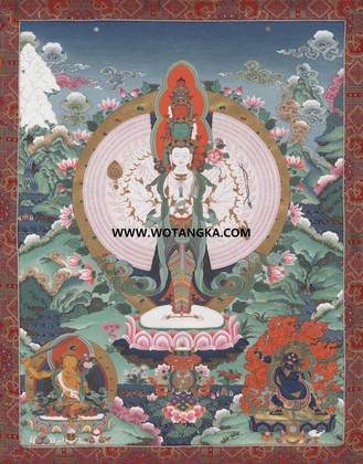 沃唐卡·觉蝉印坊微喷唐卡编号ZC71172:千手观音雪域三怙主吉祥莲台平安如意供养图