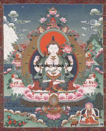 沃唐卡·觉蝉印坊微喷唐卡编号ZC71173:四臂观音吉祥莲上师供养如意供养图
