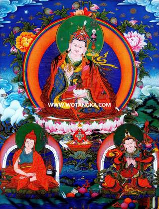 沃唐卡·觉蝉印坊微喷唐卡编号ZC71189:莲花生大师师君三尊吉祥本供养图