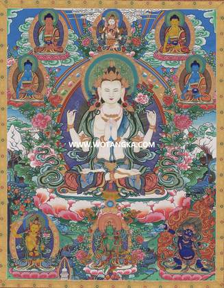 沃唐卡·觉蝉印坊微喷唐卡编号ZC71191:四臂观音三怙主天界五佛吉祥平安供养图