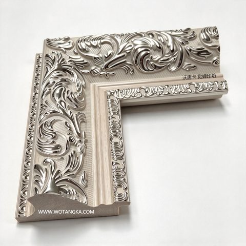 沃唐卡·觉蝉印坊画框 PictureFrame0211 米白银色莨苕法式轻奢银雕花画框条 实物图